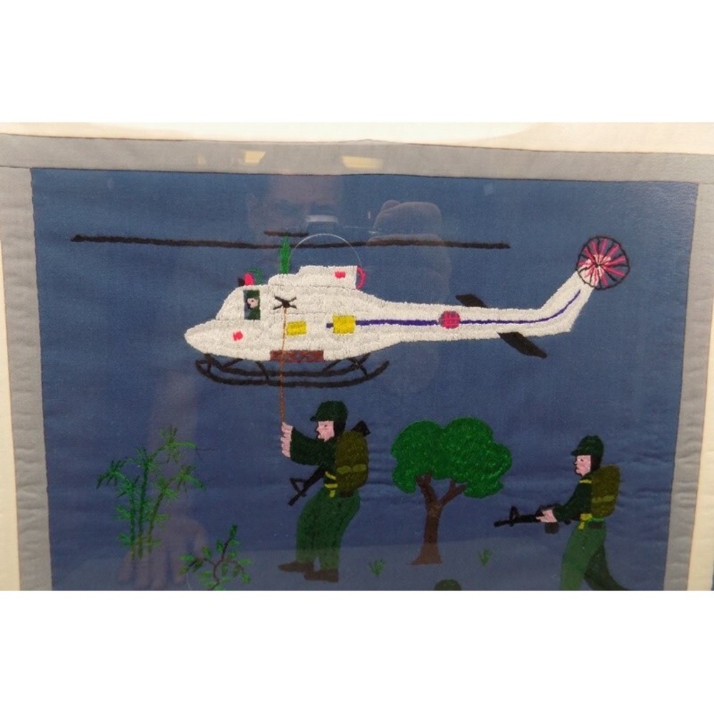 Silk Panel Hand Embroidered Vietnam Era Paratrooper Helicopter Battle Wall Art
